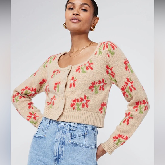 Kitri Lila Camel Floral Cropped Knit Cardigan - Picture 1 of 8